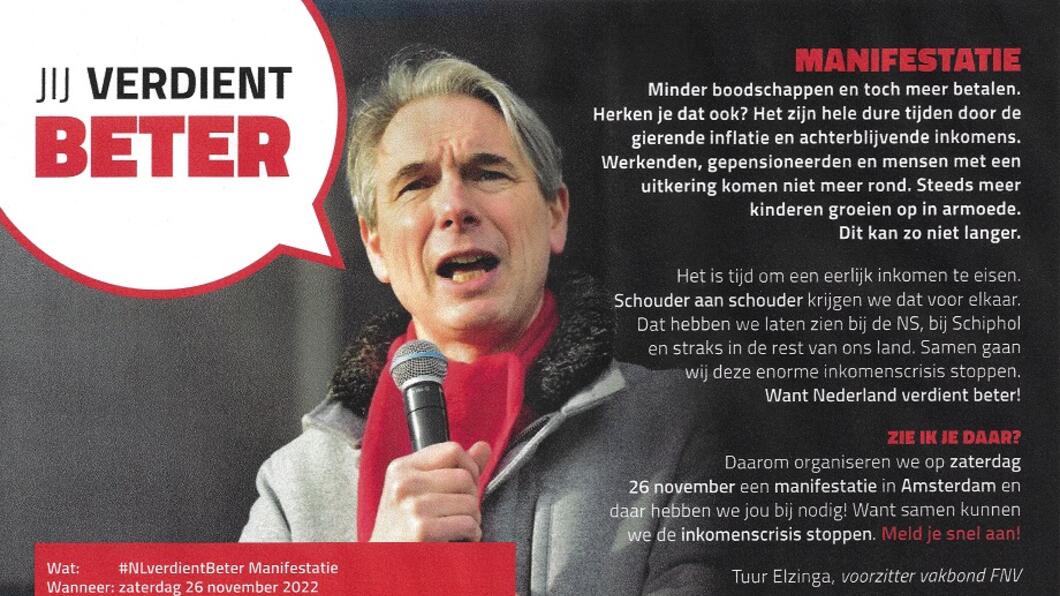 "Jij verdient beter" oproep van FNV-voorzitter Tuur Elzinga voor Manifestatie 26 november 2022