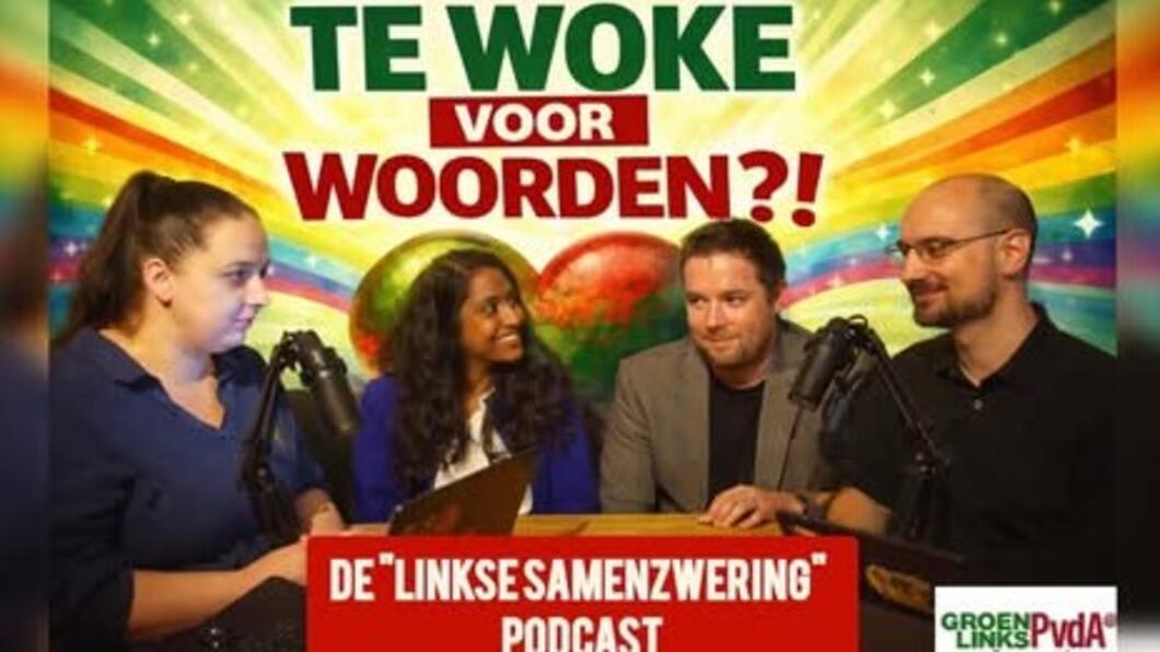 Openingsbeeld van de podcast Te Woke voor Woorden?! met Marône Welbergen, Sanda van Dam, Mark Intres en Ruben van Kuik