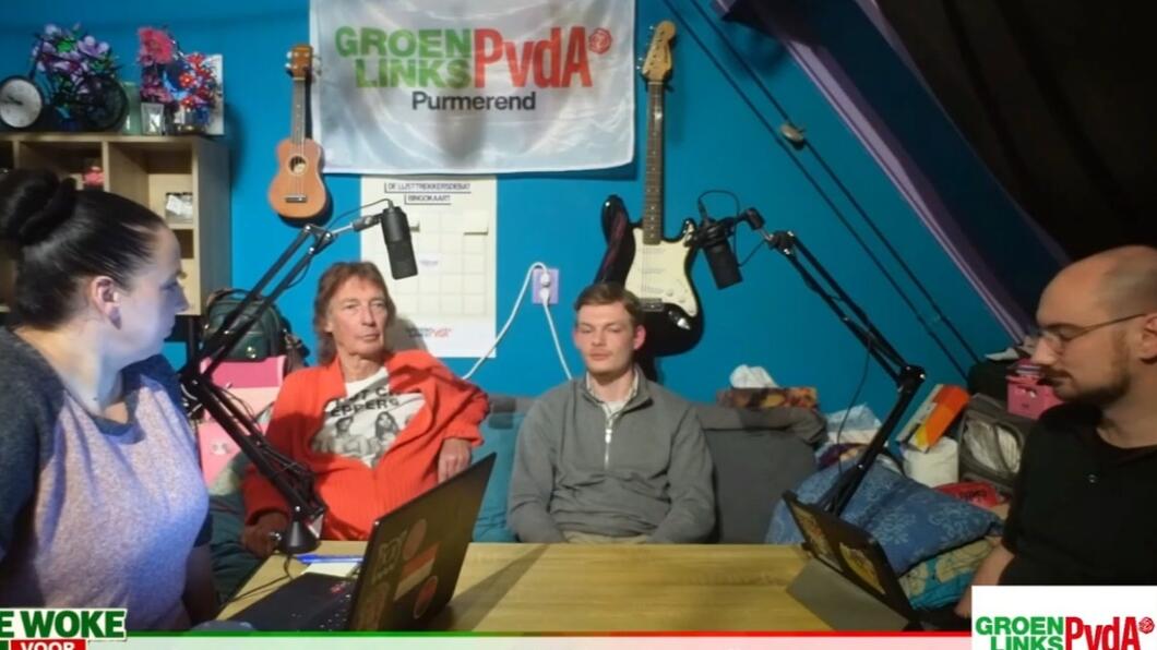Beeld van de opname van de podcast, met in beeld Peter Zwart en Jordi Albers.
