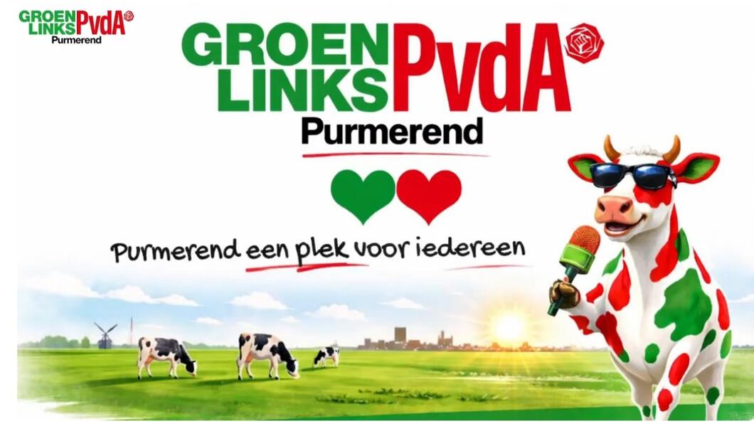 Poster van getekende koe met microfoon, om onze inwoners en kandidaten te interviewen