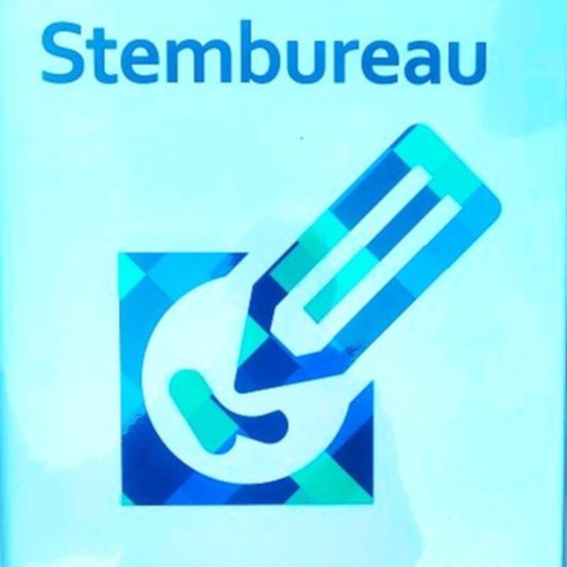 Poster "Stembureau" met stempotlood, kleur lichtblauw