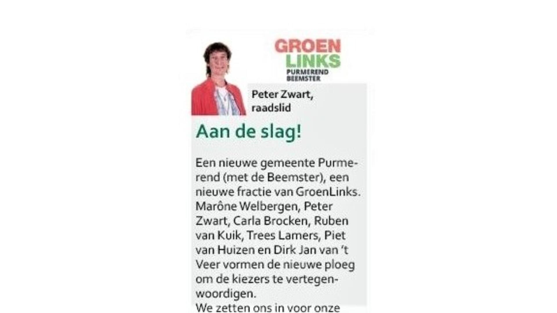 Kop van de column Reactie uit de fractie, zoals afgedrukt in het Purmerends Nieuwsblad