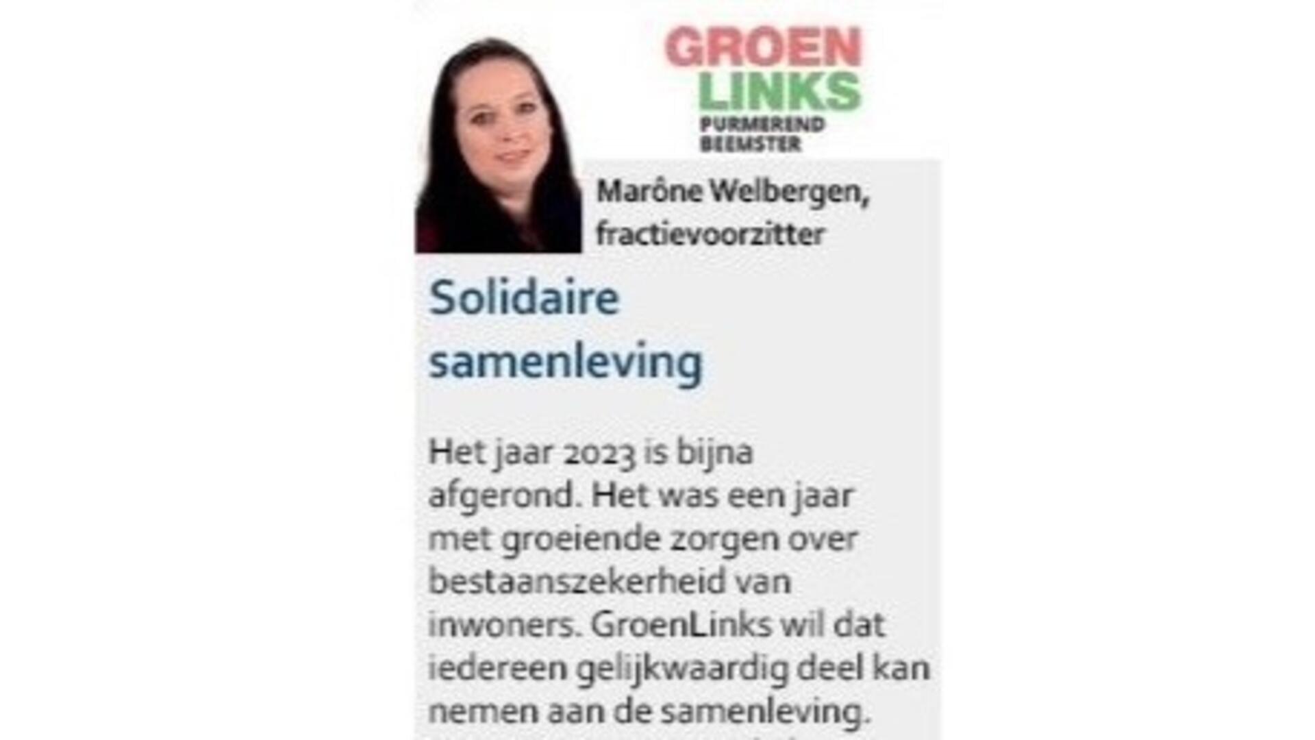 Kop van de column van GroenLinks in Nieuwsblad Purmerend