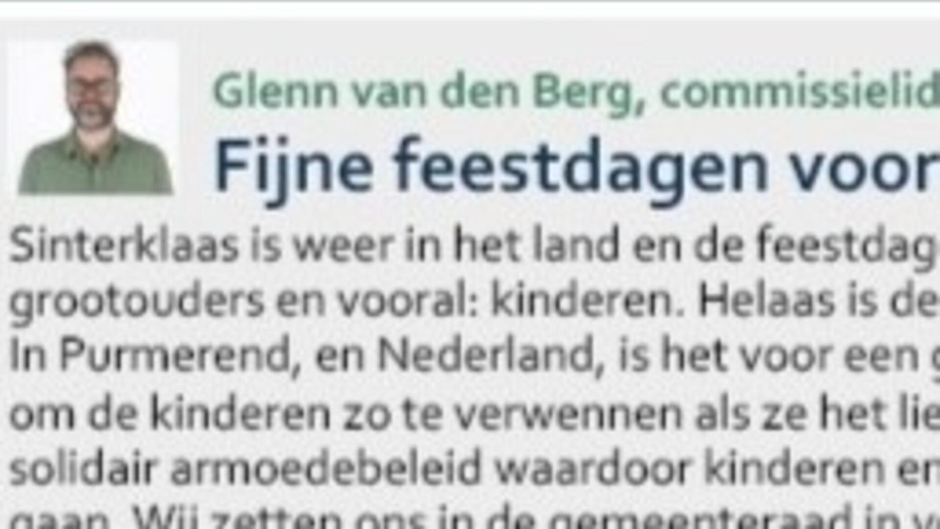 Kop van het artikel "Fijne feestdagen" in Reactie uit de Fractie van 20 november 2025, in het Nieuwsblad Purmerend.