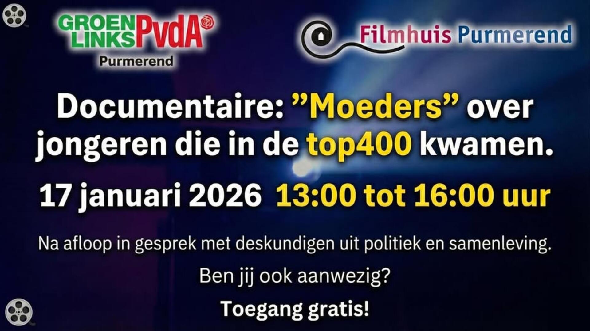 Aankondiging van de documentaire "Moeders" op 17 januari 2026 in het Filmhuis Purmerend