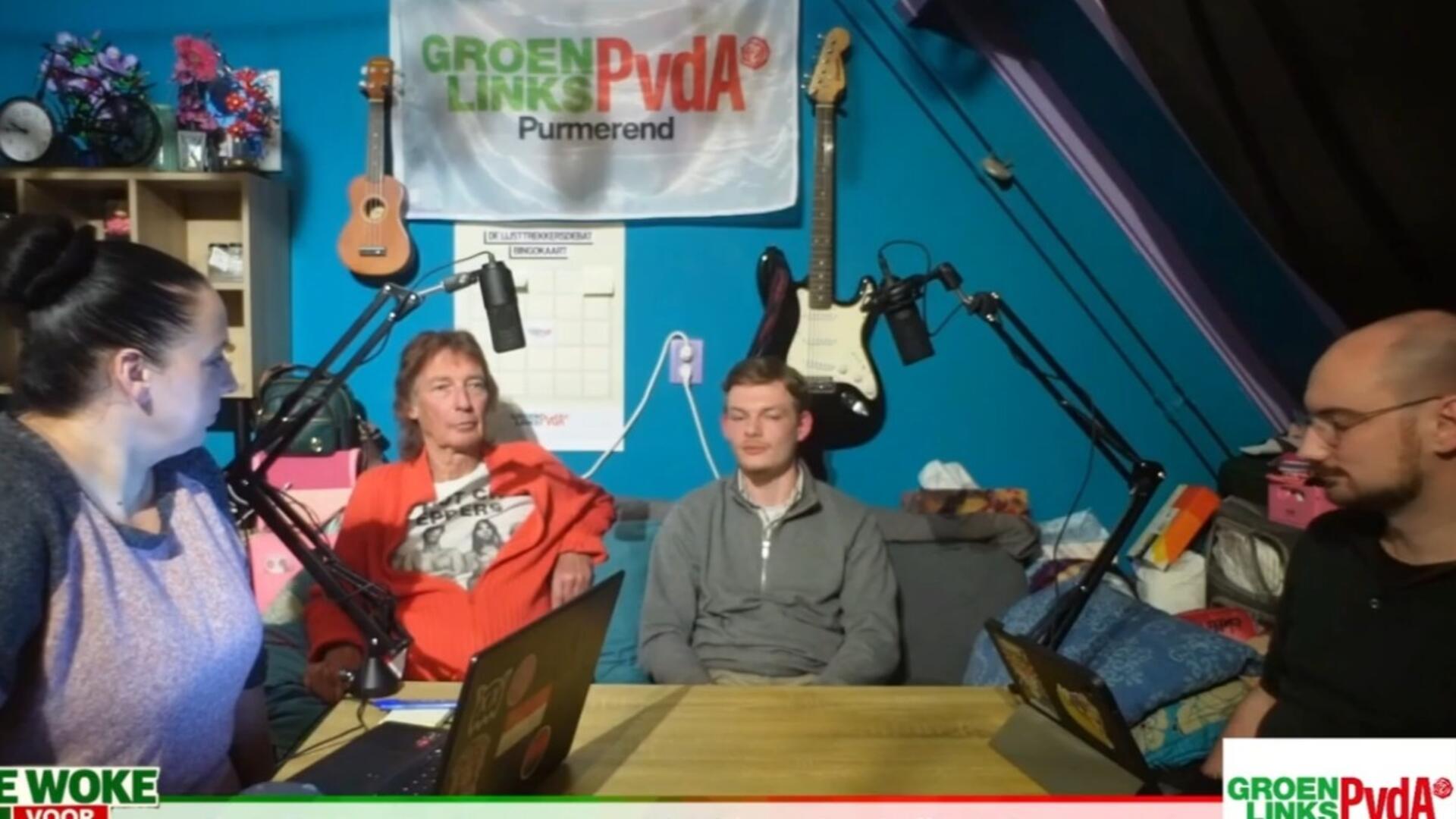 Beeld van de opname van de podcast, met in beeld Peter Zwart en Jordi Albers.