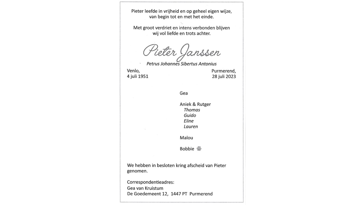 Rouwadvertentie Pieter Janssen door familie, Dagblad Waterland, 5 augustus 2023