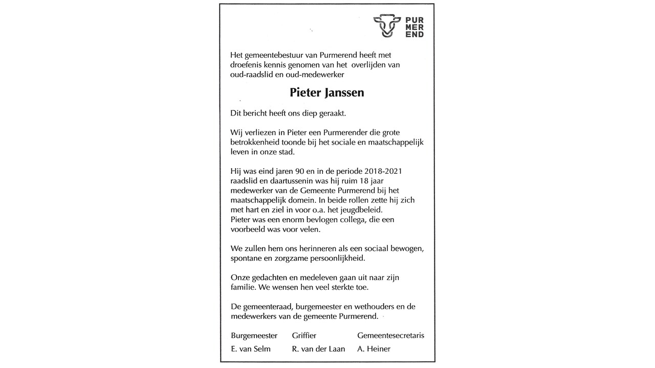 Rouwadvertentie Pieter Janssen door gemeentebestuur, Dagblad Waterland, 5 augustus 2023