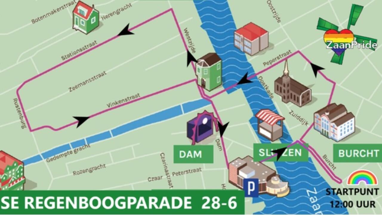 Route Zaanse Regenboogparade, start 12.00 uur vanaf De Burcht in Zaandam