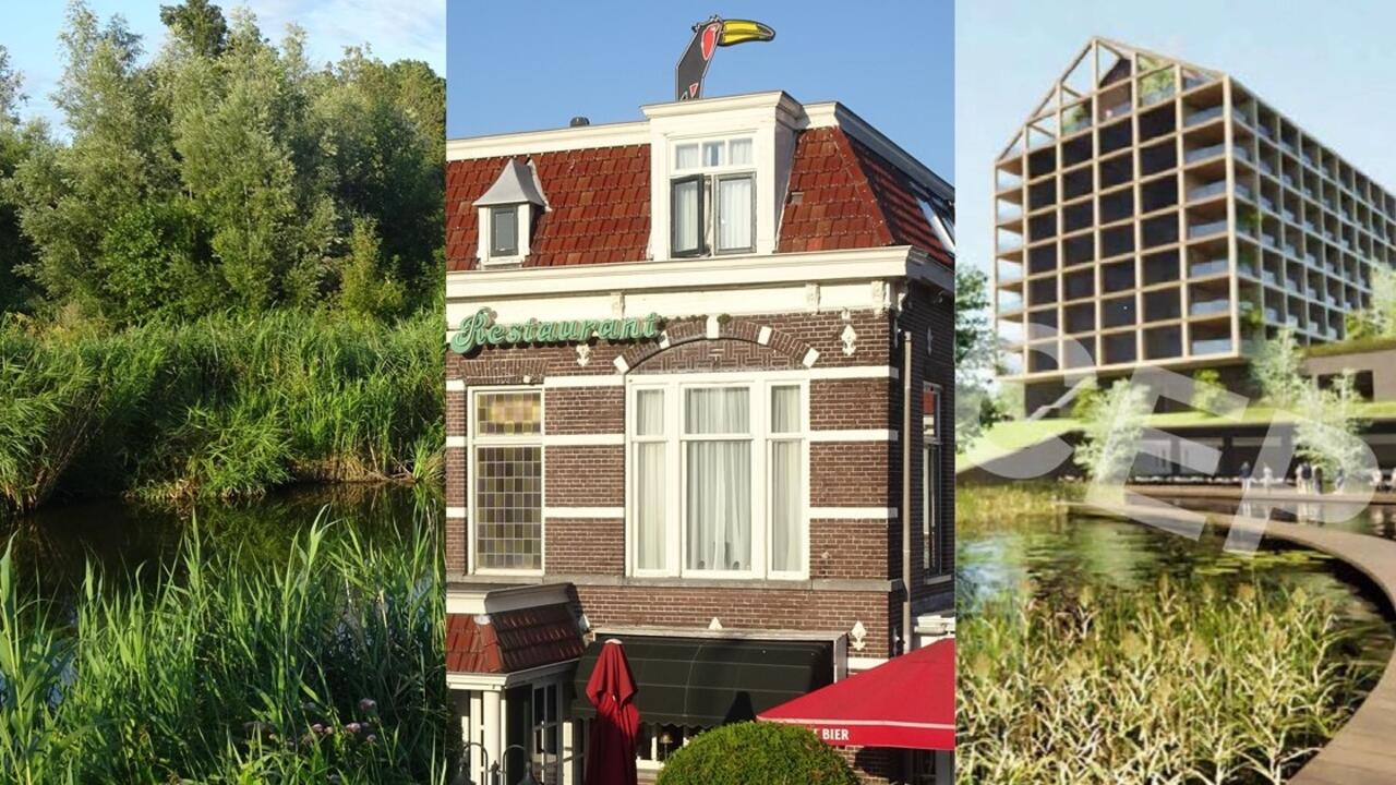 Van links naar rechts: het ongerepte Beusebos nu, het oude Van der Valk hotel in Zuidoostbeemster, en een schets van het nieuwe hotel midden in het Beusebos