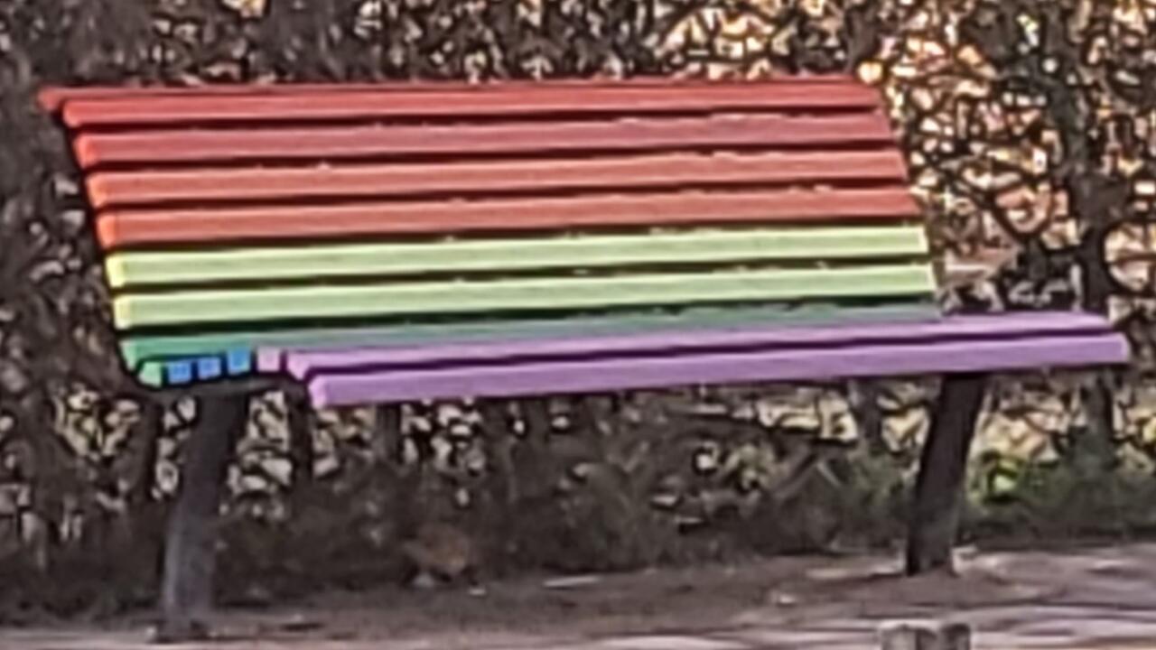 Bankje in regenboogkleuren bij school De Vonk